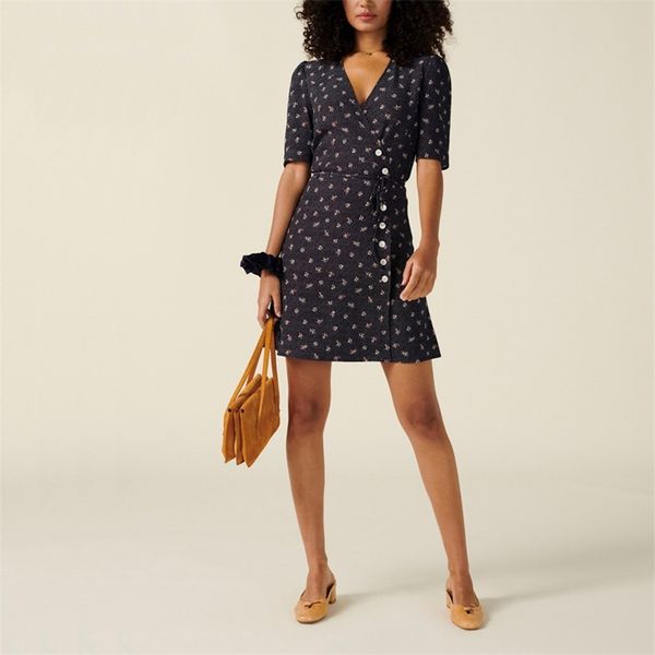 

summer women's dress casual flower printing button decoration v-neck short-sleeved slim vestidos 210430, Black;gray