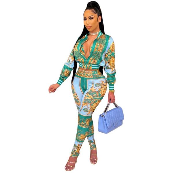 

women's two piece pants matching set wear office lady style long sleeve + fashion digital print zipper pencil tracksuit, White