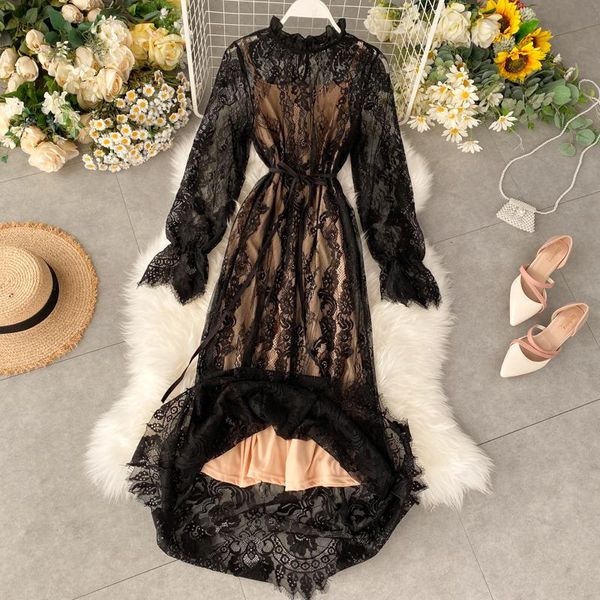 

casual dresses 2021 spring summer women's lace female sash tie up solid color dress lady o neck long sleeve slim, Black;gray