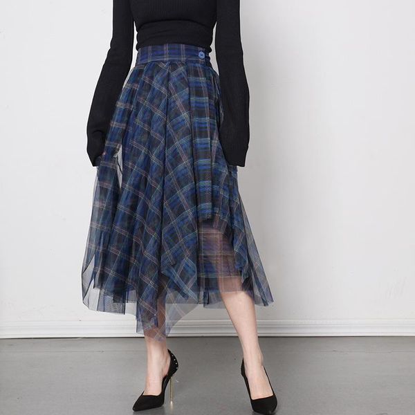 

skirts runway plaid skirt women irregular midi 2021 vintage blue high waist tulle mesh long faldas, Black