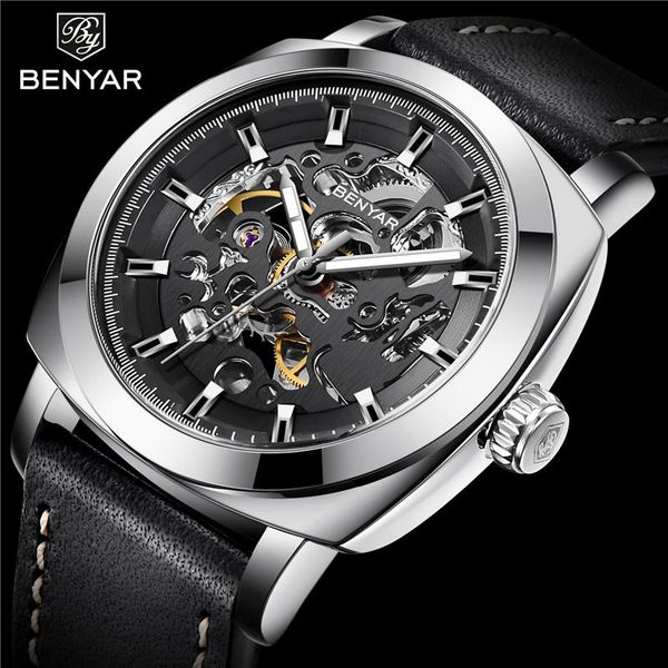 

wristwatches benyar fashion men watch skeleton automatic mechanical male clock sport military business man wristwatch 5121, Slivery;brown