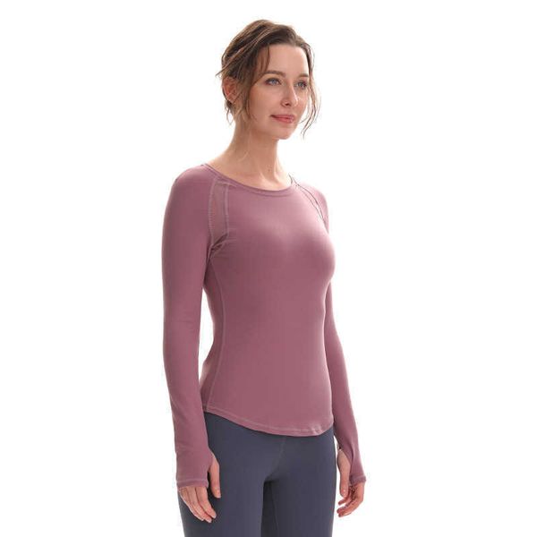 Lu Lu Ärmel Yoga Tops Lange Damen Mesh Nähte Runde Krawatte Daumenloch Hochelastische Strumpfhosen Workout Laufen Fitness Gym Kleidung Damen Shirts