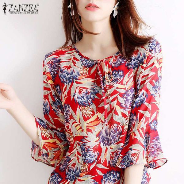 

blouses women chiffon blouse 2021 summer lace up print shirts casual middle floral sleeve o-neck ladies blusa femme plus size, White