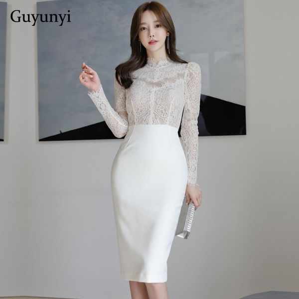 

white office dress 2021 spring high waist pencil elegant party stitching above the small perspective lace casual dresses, Black;gray