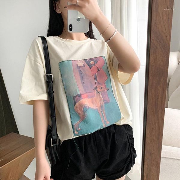 

women's t-shirt short sleeve for women men pet dog patch print loose cartoon o-neck ladies casual clothes 2021 spring summer, White