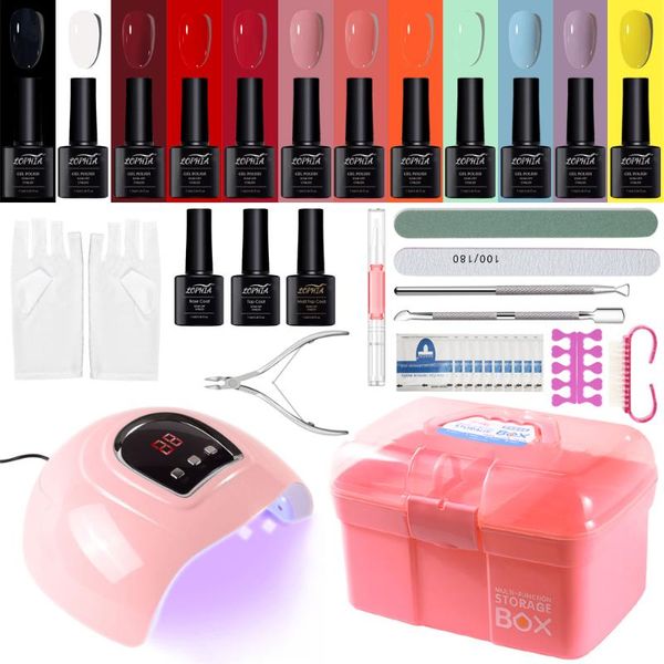 

nail art kits set 54w uv led lamp dryer 12 pcs gel polish kit base&coat manicure with pink storage box for tools