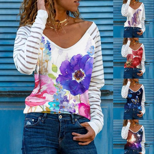 

women's blouses & shirts 2021 autumn women blouse fashion printed v neck pullover elegant office lady patchwork casual loose womens top, White