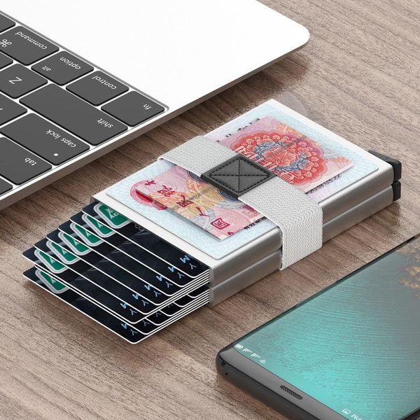 

card holders anti-degaussing wallet large-capacity business holder anti-flash automatic -up box metal cover shielding nfc, Brown;gray