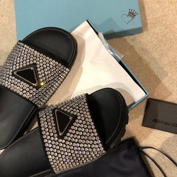 

beautiful designer women flats slippers slides sandals shining wave point diamond studded upper slippers woman triangle logo shoes, Black