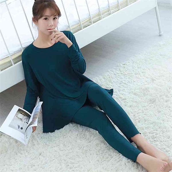 Big size Summer Long Sleeve Pajamas for Women Modal Loose Homewear Female Lounge Wear Plus Size Home Clothes Set 210809