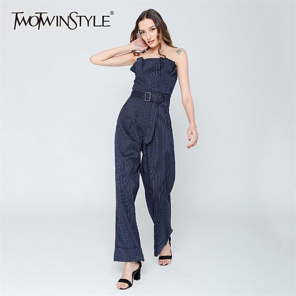 Macacão listrado casual para mulheres strapless sem mangas altas cintura larga perna calças jumpsuits femininos primavera 210521