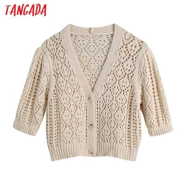 Tangada Frauen Sommer aushöhlen Beige abgeschnitten Strickjacke Vintage V-Ausschnitt Kurzarm weibliche Oberbekleidung Chic Tops BE545 210609