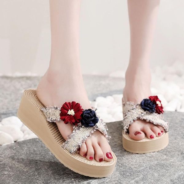 

slippers summer women temperament weave beach breathable sandals home slipper flower flip-flops wedges shoes zapatilla mujer, Black