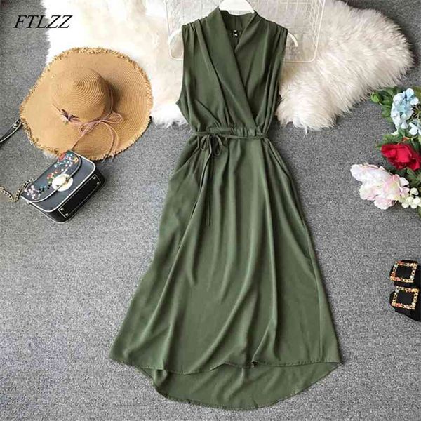 Slim V Neck Verão Chiffon Dress Mulheres Tanque de Praia Vestidos Party Casual Elegante Vestidos 210430