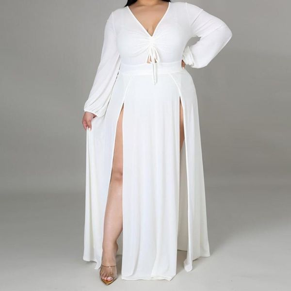 

casual dresses maxi dress plus size women clothing elegant v neck long sleeve solid split hem full length wholesale drop, Black;gray