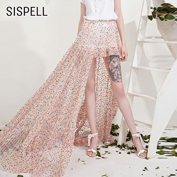 

skirts sispell asymmetrical dot print women's skirt ruffle high waist floor-length female 2021 fashion casual summer, Black