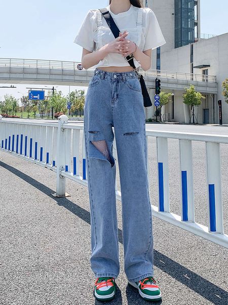 

net red ripped women's high waist thin summer loose leg wide pants, Blue