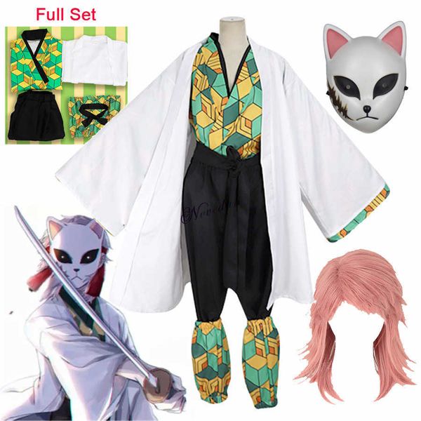 Anime Demon Slayer Sabito Kimetsu No Yaiba Costume Cosplay Bambini Uomini Donne Kimono Uniforme Halloween Party Costume Parrucca Maschera Y0903