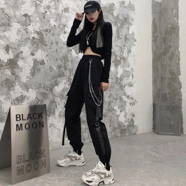 

punk jogging cargo goth womens capri harajuku chain black sweatpants korean style trousers japanese streetwear, Black;white