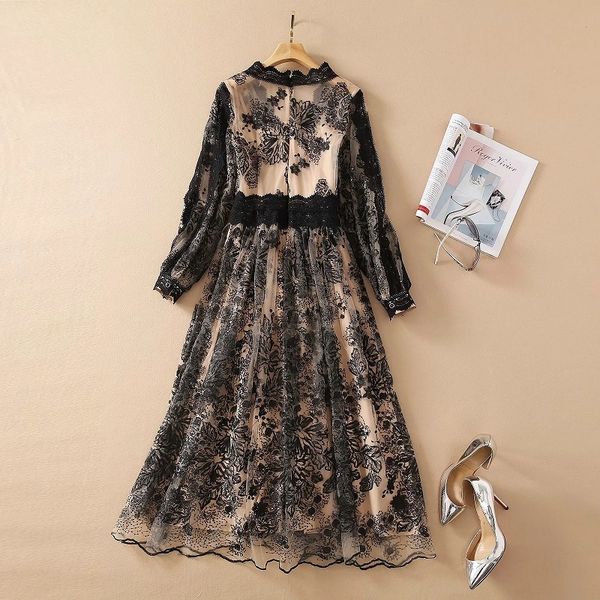 

capris sequined 2021 spring summer party club women v-neck allover exquisite embroidery lace patchwork large swing mesh, Black;gray