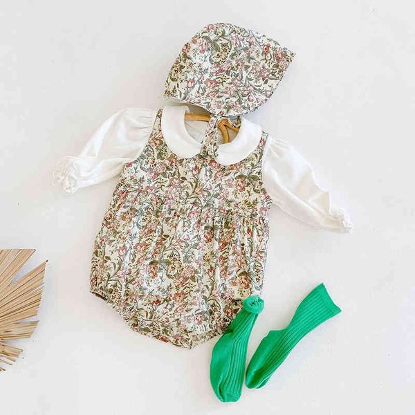 

0-2yrs autumn winter born girls floral jumpsuits + hat clothes baby rompers long sleeve children 210429, Blue