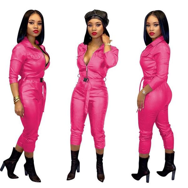 

women's jumpsuits & rompers spring long sleeve turn-down collar jumpsuit solid women high elastic pu leather belt casual tight, Black;white