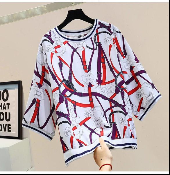 

fashion women shirts print blouses 3 4 sleeve loose femme lady split blouse, White
