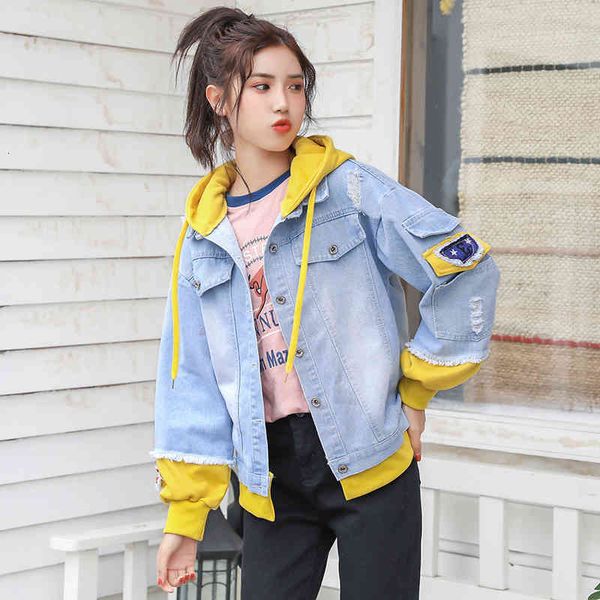 

women's jackets autumn winter hooded denim for women casual jeans holes vintage harajuku coat female loose streetwear coats bwiy, Black;brown