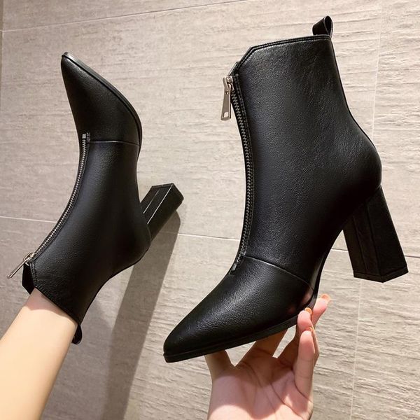 

boots european pointed zipper women's thick heel elastic1, Black