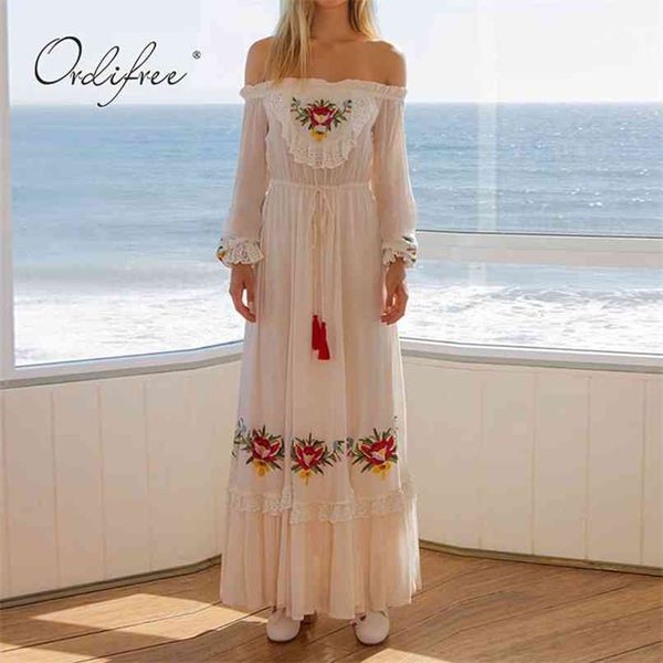 

summer boho women maxi dress long sleeve vintage floral embroidery tunic beach 210513, Black;gray