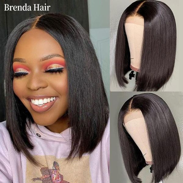 

lace wigs blunt cut bob wig brazilian front human hair straight for women 150% remy 4x4 closure with baby, Black;brown