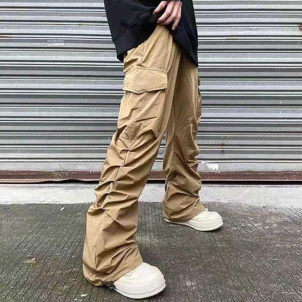 

men's pants harajuku ruched pockets streetwear casual cargo mens vibe style straight loose overalls oversized hip hop couple trousers, Black