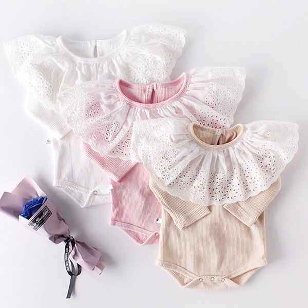 

spring autumn infant baby girls rompers clothes bodysuit pure color lace collar long sleeve 210429, Blue