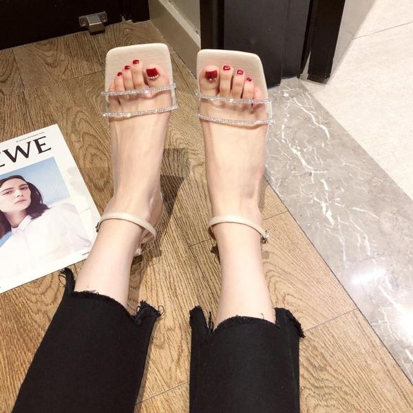 

dress shoes beige green round clear heels sandals women crystal pvc transparent ankle wrap summer party 2021, Black