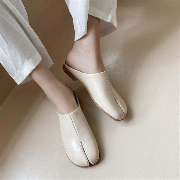 

slippers pxelena ins luxury split toe slides women full genuine leather pig feet summer flat comfort tabi ninja shoes lady mules, Black