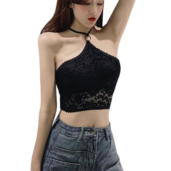 

women's tanks & camis summer korean style retro solid color lace hollow halter neck design with chest pad shoulderless vest, White