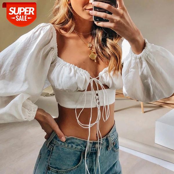 

fashion women crop blouse hollow bandage long sleeve party solid color square collar low-cut blouse ladies streetwear #pf5t, White