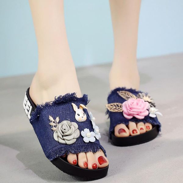 

slippers cartoon decorate shoes women summer flat cozy camellia pearl flipflops mujer denim slides tassel handmade, Black