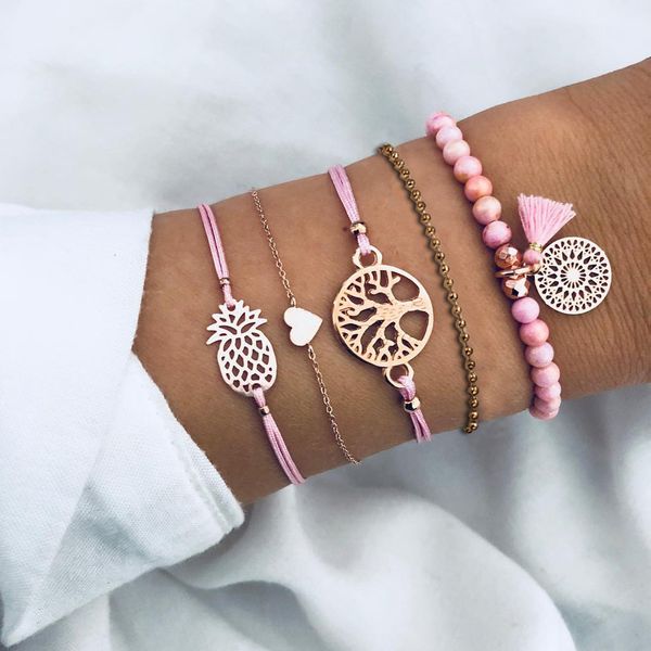 

jewelry hand woven bracelet pineapple love beads five piece set, Silver