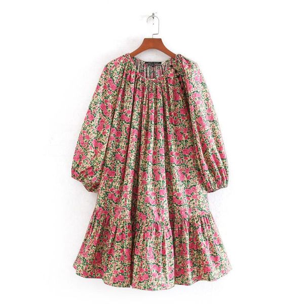 

casual dresses vintage o neck loose dress women floral print lantern long sleeve chic short spring pleated mini, Black;gray