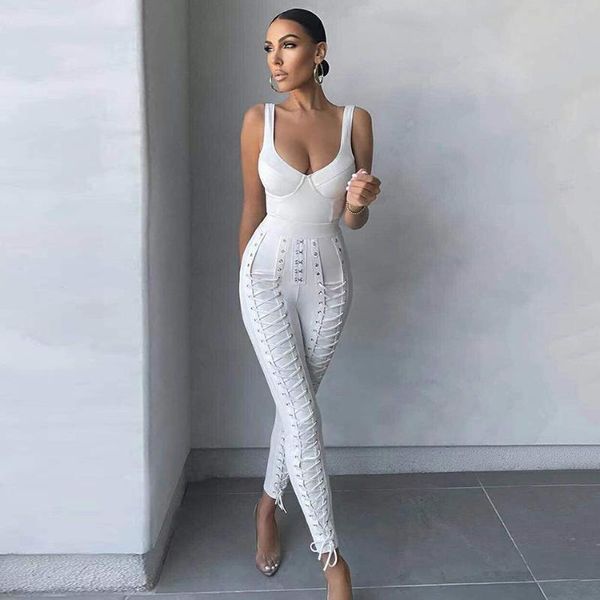 

women's two piece pants high-quality 2021 summer bodyco fashion two-piece set vest + lace-up high-waist pencil club party, White