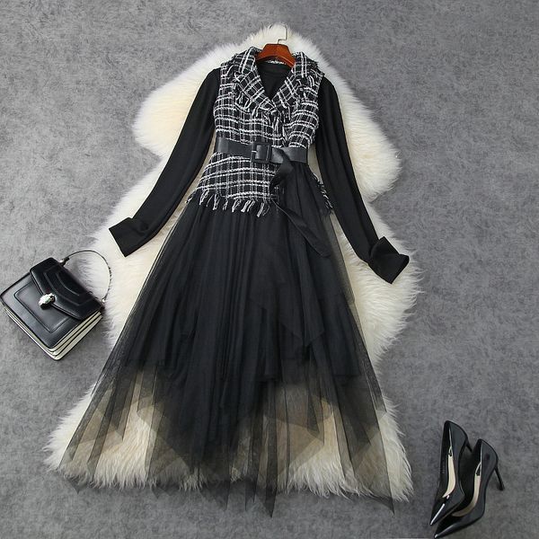 

casual dresses european and american women's wear winter style long-sleeved sweater tweed patchwork gauze dress fashion two-piece ch2z, Black;gray