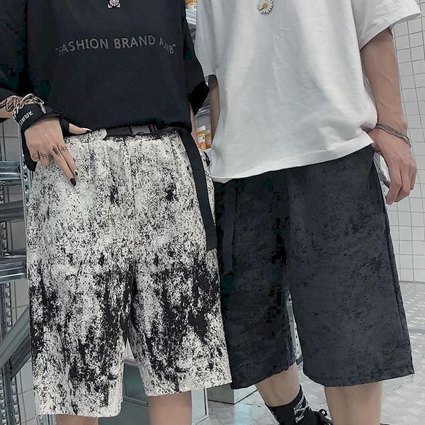 

tie dye print streetwear hip hop shorts summer men casual plus size clothing knee length short high waist pants men's, White;black