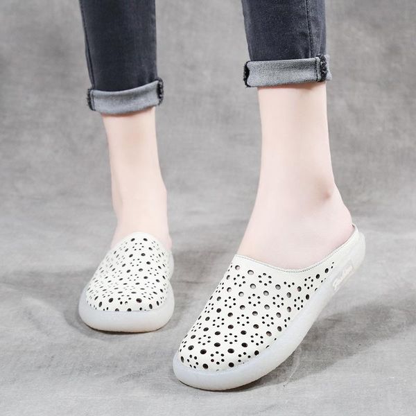 

shoes genuine leather slippers women summer pantofle fretwork heels low slides cover toe 2021 flat rubber soft fabric pu spring, Black