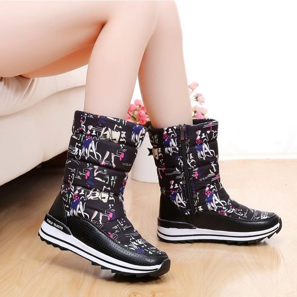 

boots winter snow thickened large size cotton shoes non-slip waterproof mid-tube zipper platform high heel women's boots, Black