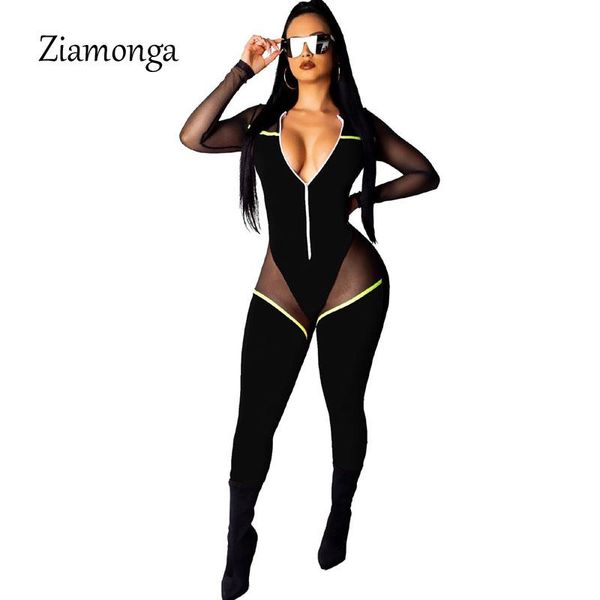

women's jumpsuits & rompers ziamonga european fashion autumn mesh bodycon jumpsuit black bodysuit long sleeve sheer pants overalls wome, Black;white