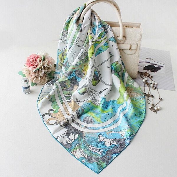 

scarves luxury 100% twill silk scarf green kerchief women fashion printed square shawl hijab head neck bandana 35"*35", Blue;gray