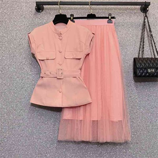 

summer elegant office ol two piece set women korean sleeveless slim shirt + high waist mesh long skirts casual suit 210519, White