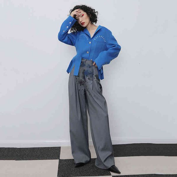 

capris female spring tide autumn 2021 high gray waist impression split leg wide fit pants, Black;white