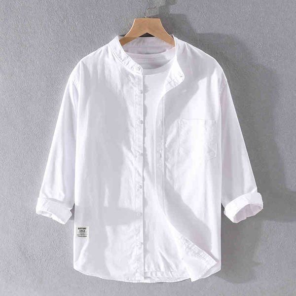 

men's t-shirts three-quarter sleeve oxford cotton summer white shirts for men stand collar comfortable shirt mens chemise overhemd zkcd, White;black